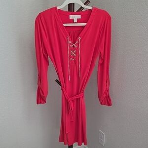 Michael Kors Red Lace-Up Long Sleeve Dress